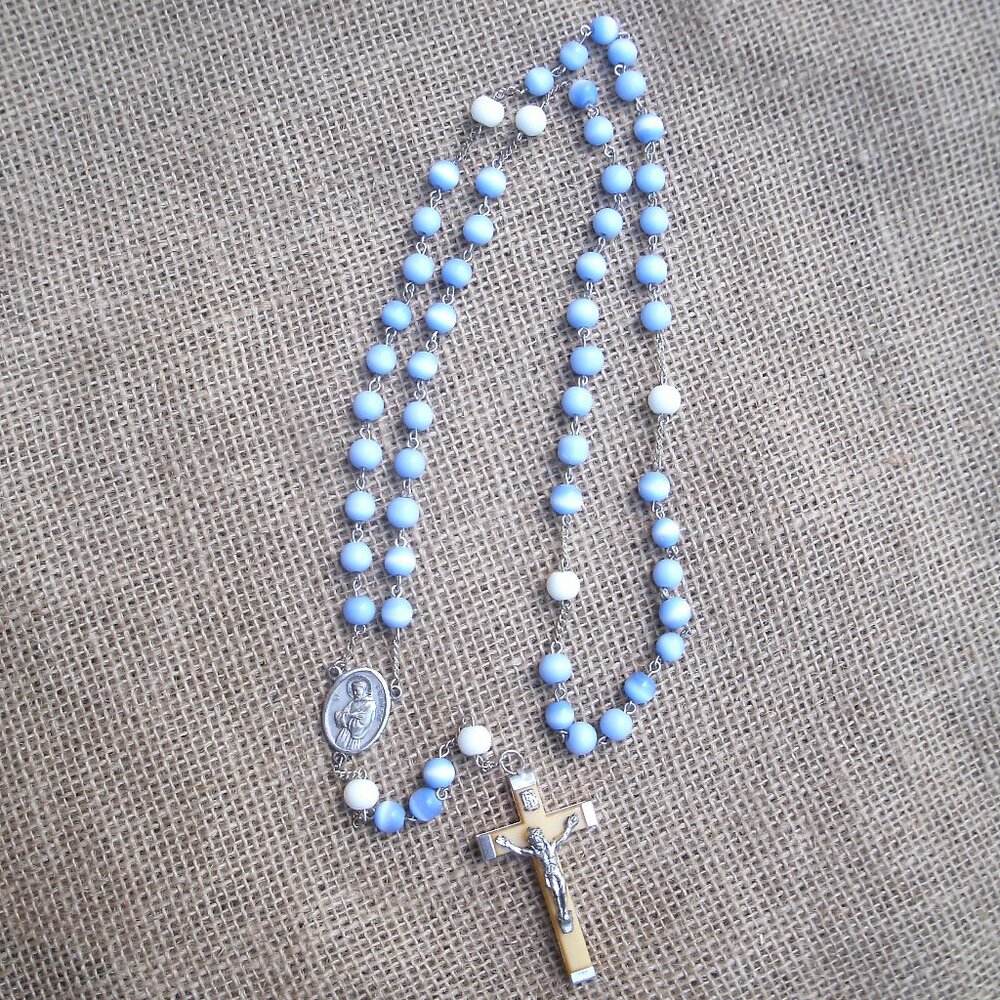 Handmade Crucifix Rosary Cats Eye Beads St Francis